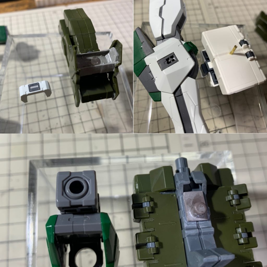 各装備の接続方法です。

無限軌道
パテで型をとりネオジムを仕込み受け側にプレートを貼り付けました。

脚部ミサイルポット
真鍮線のみです。

武器コンテナ
ジャンクパーツから合う軸を探し、中に真鍮線を通して固定しました。