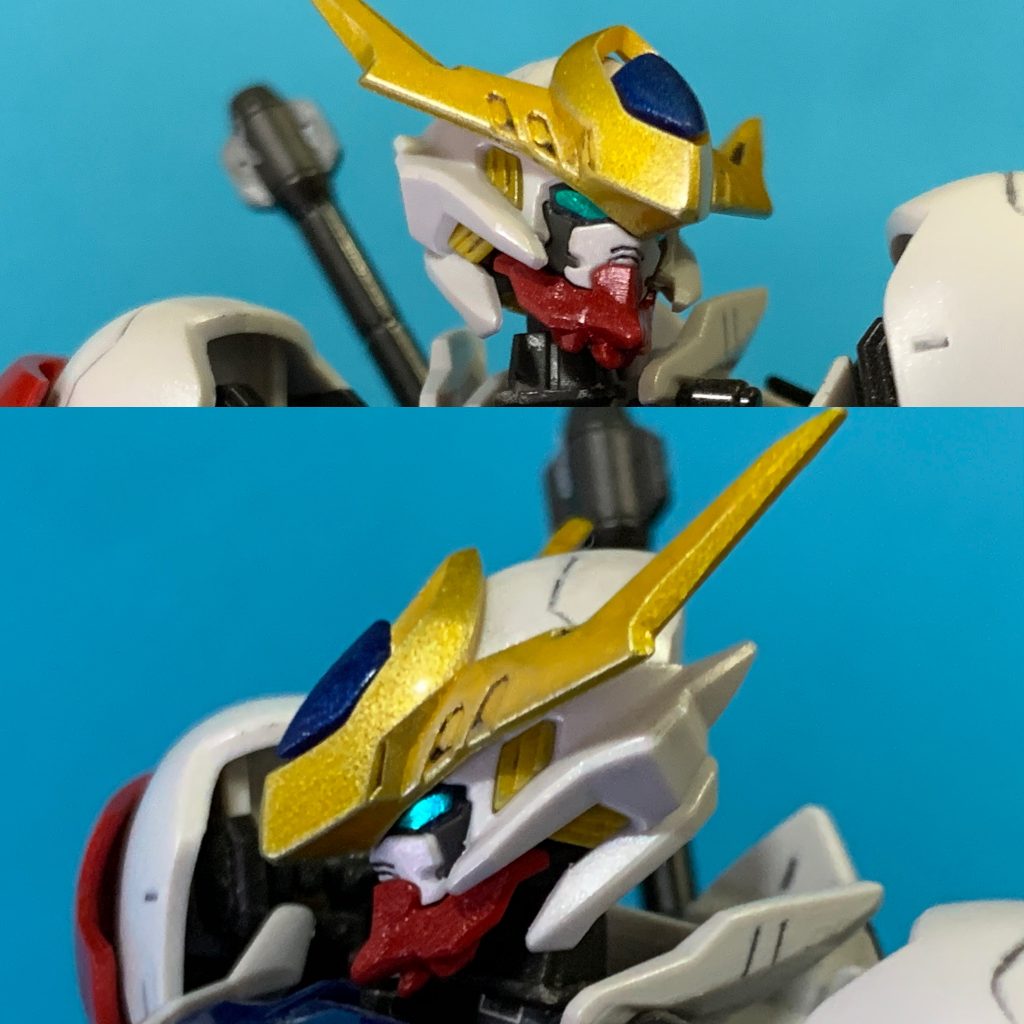 そういえばフェイスの赤い部分はデザインナイフで削り、版権絵なので見られる凶悪なフェイスに近づくようにしました。鉄血のカメラアイシールは輝きが強くてすきです。