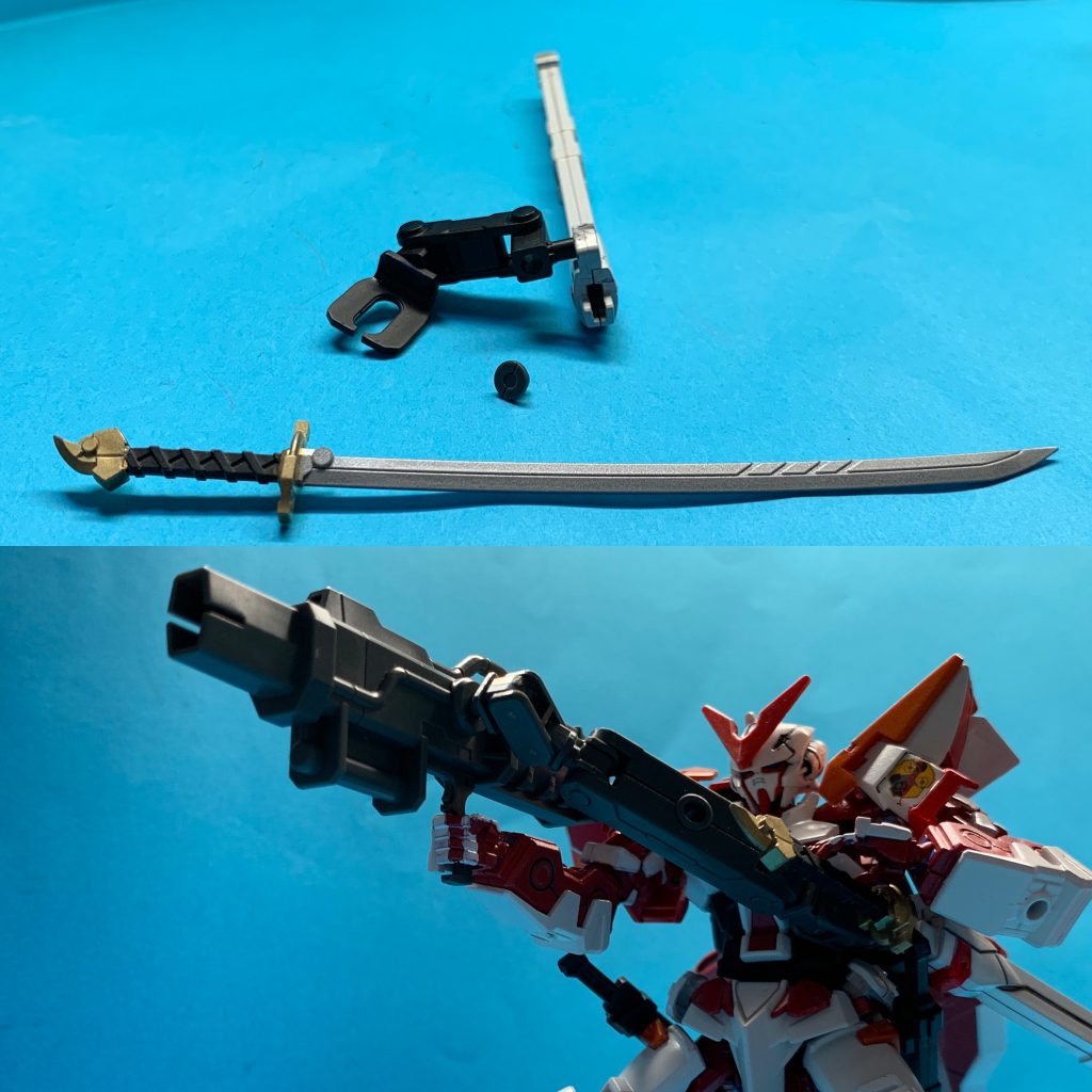 最後にちょこっと製作工程。刀(鞘)の接続はBP付属のモノを使っていましたがこちらももろっといったのでピンバイスで穴を開け、ビルドブースター付属の腰接続パーツ(食パン挟むアレみたいなやつ)(バッグクロージャー)と接続アームで装備させています。アームには穴があるのでそちらは30mmのオプションセットについていた穴塞ぎパーツで塞いでいますがいつでも外せるので、写真のようにアームを連結できます。ローエングリンバズーカ!!(ランチャーほどじゃなさそうなので)