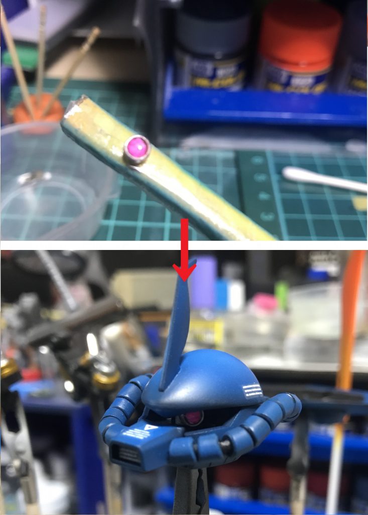 モノアイは自作しました。
KOTOBUKIYAの丸モールドにUVレジンを盛って
蛍光ピンクに塗装しました。