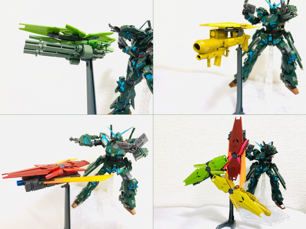 3基のシールドファンネル。・1号基(左上): ビームガトリング、ビームマグナムを搭載した射撃機。ファンネルにあるまじき攻撃力を発揮する。・2号基(右上): バズーカ、グレネードランチャー、ハンドグレネード、対艦ミサイルを積載した砲撃機。水中でも運用可能なほか、ビーム撹乱膜弾やチャフ、スモークに換装して防御の要となることも。・3号基(左下): 火炎放射器とヒートサーベルを装備した格闘機。有人機では不可能な捨て身のインファイトで敵を圧倒する。