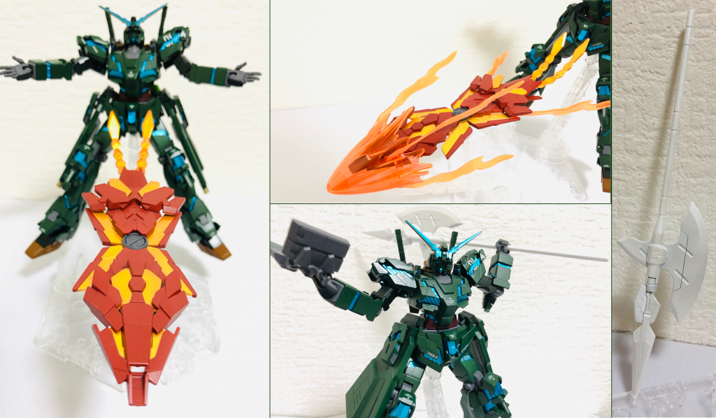 2019年7月から突貫で制作した追加兵装。さらなる力を得たことによって、シールドファンネル4号基がフェネクスを思わせる形状へ変容。炎をまとい超高速で敵へ突貫する。これにはおじいちゃんもニッコリ。右側は白く光り輝く戦斧です。