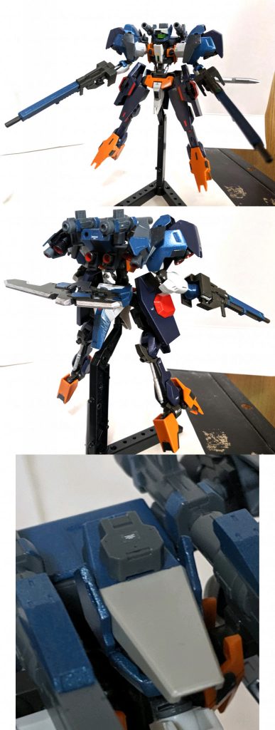 「中破して頭部装甲が紛失したユーゴーを、テイワズのメカニックがあるパイロットの為にカスタムを施しオーダーメイドモデルに仕上げた機体、下半身周りには大きな変更点は見られないが、上半身の各部に独自の改良がされており、特に頭部パーツは同機と同じヘキサフレームが使用されている「ジルダ」のデザインを参考に小型ながら高性能な物に仕上げられている、無理に小型化したのもあり頭頂部にあるコックピットが半ば無理やり搭載されているが、ある程度の安全性は確保しており、気密性も問題ないように設計されている、また白靈という名の由来は元が純白の装甲色であった本機体を修復する際に様々な機体からパーツ取りをし改修をした事でその機体達の霊（たましい）を授かった事によることからその名がついたとの事」

ユーゴーに他キットのパーツを使用し自分好みに改造した機体です、一部パーツに30MMのパーツも流用して制作しました