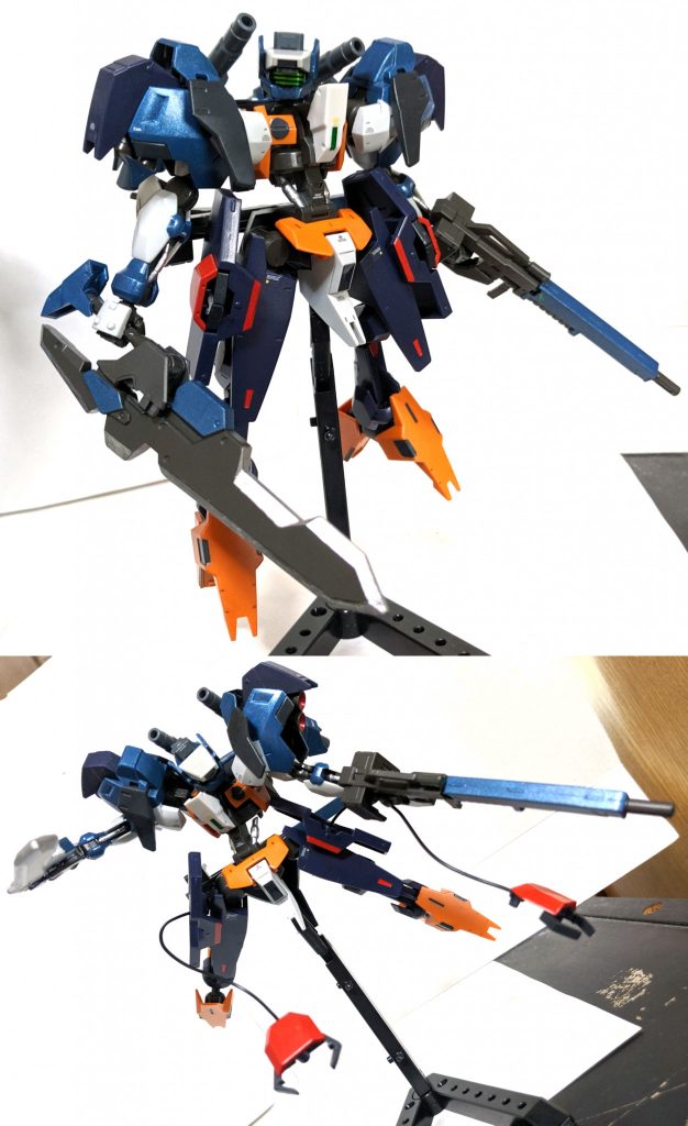 「射撃戦が主力ではあるものの、ヘキサフレームの特徴でもある機動性能の高さを利用して格闘戦を行う事も想定し、本機専用の武装であるバスターソードが装備されている、急造品である為多少作りが甘くはあるも、その重量を活かした打撃攻撃は対MS戦においても十分に威力を発揮する事ができる」

こちらの武装も鉄血武器セットのパーツを使用して制作をしました