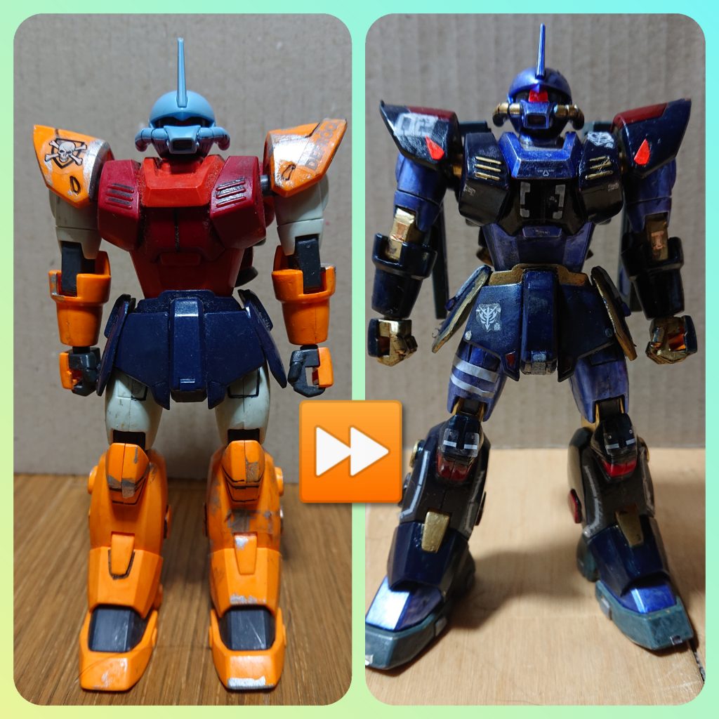 ミキシングの紹介です。
頭部→グフカスタム
胸部＋バックパック→マラサイ
腕部→ミゲル専用ジン
腰部→ハイザック(連邦仕様)
脚部→ミゲル専用ジン

モノアイ、各所カメラ部分には、反射板シールを貼りました。