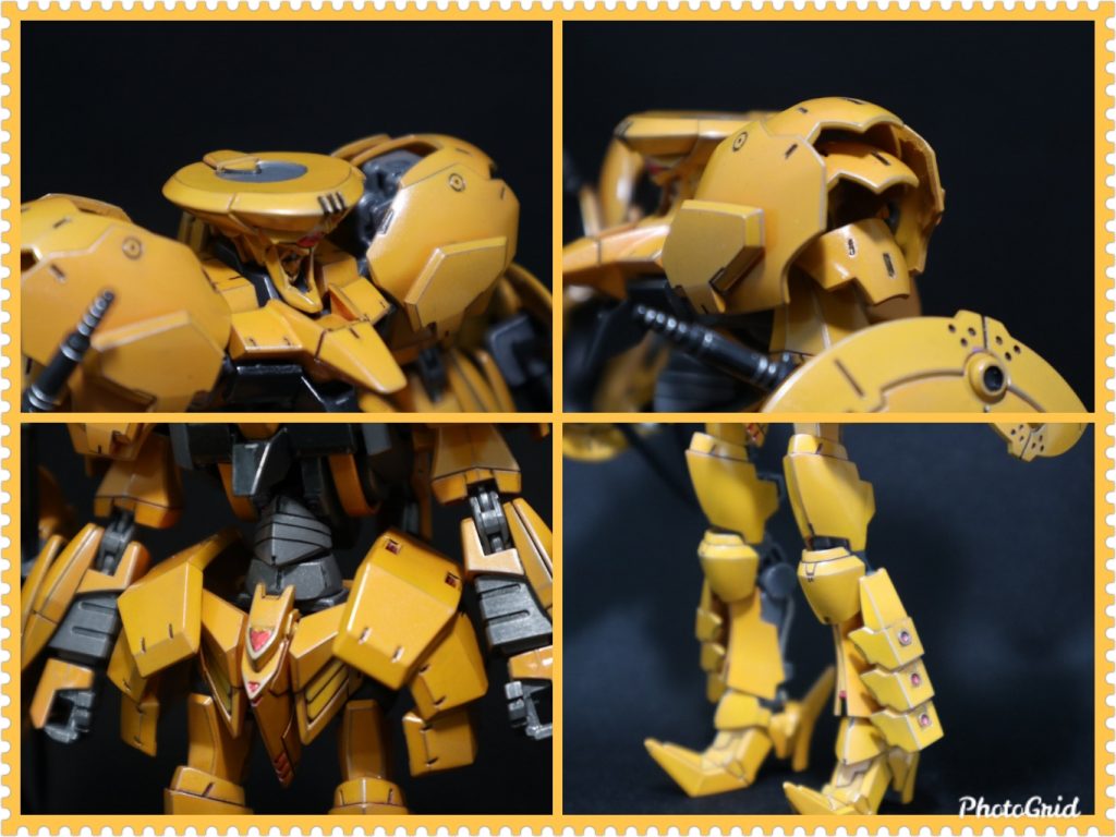 特徴的な個所
頭部:シャルフリヒター+オーガ刃X+グリムゲルデ顎パーツ
肩装甲:MSGエクスアーマーB+00ガ系肩パーツ+グリムゲルデ膝パーツ
腰部:ルプスレクス+レギンレイズ脚部サイド&肩アーマー
脛横:グレイズ腰サイドアーマー