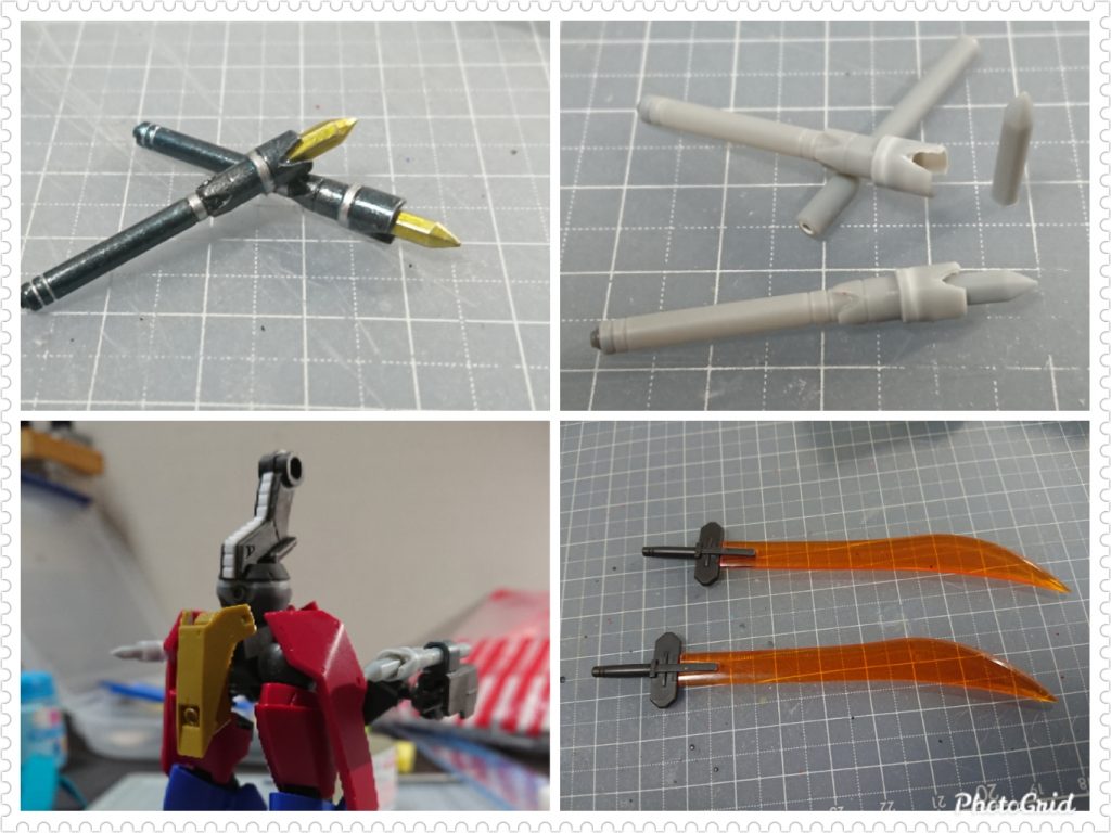 魔導杖はプラパイプと六角プラ棒から製作。腰部の延長と魔導杖の展開。ファルシオンはグフサーベルにバエルソードの柄を加工して差し込み。