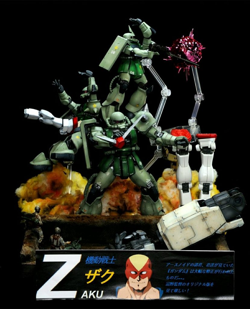特筆すべきはこの蹴り飛ばされているザクの足首!どうして以降のHGUCジオン系キットに採用されなかったか不思議な引き出し式の足首ポージングはあり得ないくらい多彩に決まります。