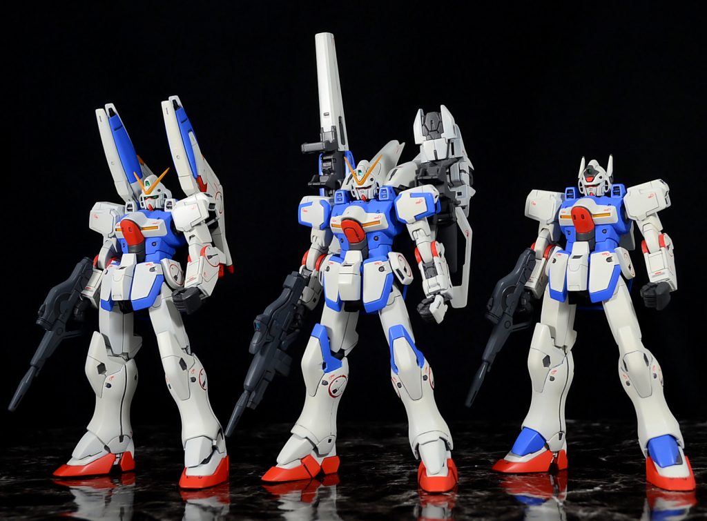 以前製作したVガンダム[https://gumpla.jp/hg/301380](URL)とご一緒に。

カラーレシピも合わせています。ちなみに使用しているデカールは「HGUCユニコーンガンダム用」。

ちっこいマーキングが多くて使いやすいです。あれ１枚でこの３体分が賄えてます。