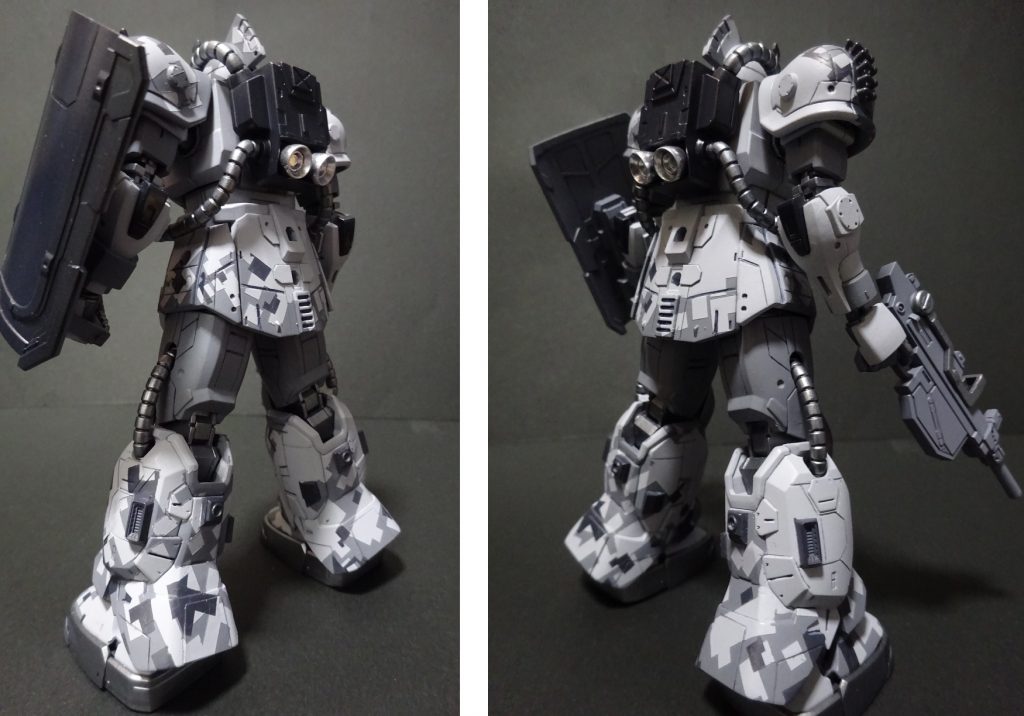 色は月面ということで白、黒のモノトーン調でのデジタル迷彩。
ただあまり考えずにマスキングしてしまったからか何迷彩かわからない状態にw
しいて言えば「ドット柄のスプリット迷彩?」といったところでしょうか。