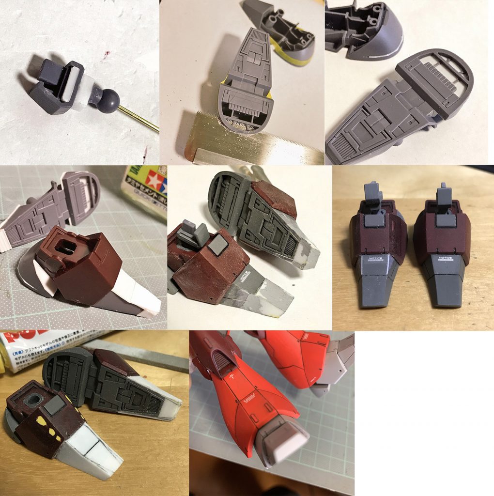 足首足甲を裾のラインにあわせて削り込んだおかげで可動範囲も広がってるハズ塗装してみたら形がイメージと違ってまたプラ板貼って、とか効率悪いことやってます…