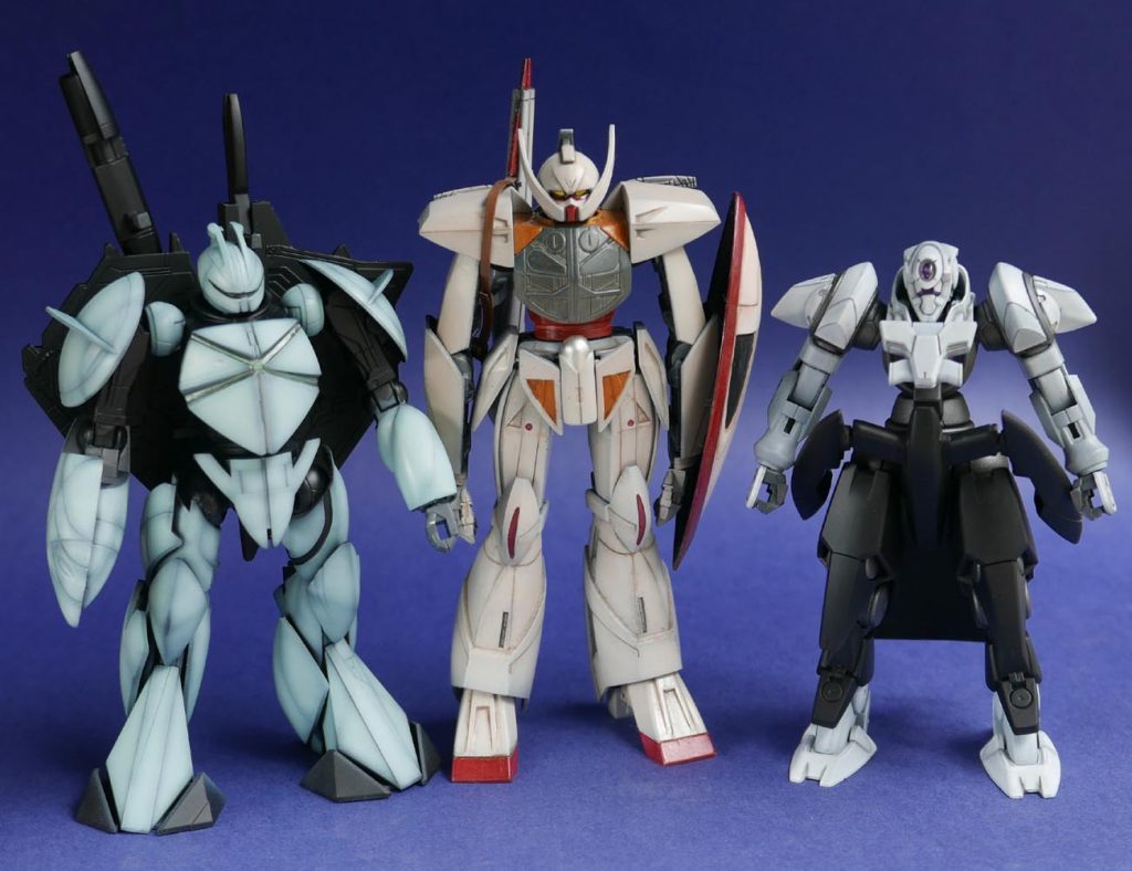 他の子たちと背比べ。ターンエーでけえな。ジンクスちっちぇーな。
ターンエーは白にオレンジを混ぜて暖かみを、ターンXは青緑を足して寒色に、ジンクスは白そのまま。比べてみるとそれぞれの色味がよく分かる。