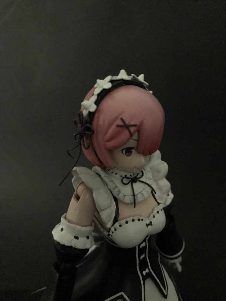 瞳はフレームアームズガールのを使用。
ヘアピンと首元は0.4ミリのパイピングケーブル。
カチューシャの花びらは0.3ミリのプラ板、蕾は光硬化パテ、リボンは0.7ミリの針金。