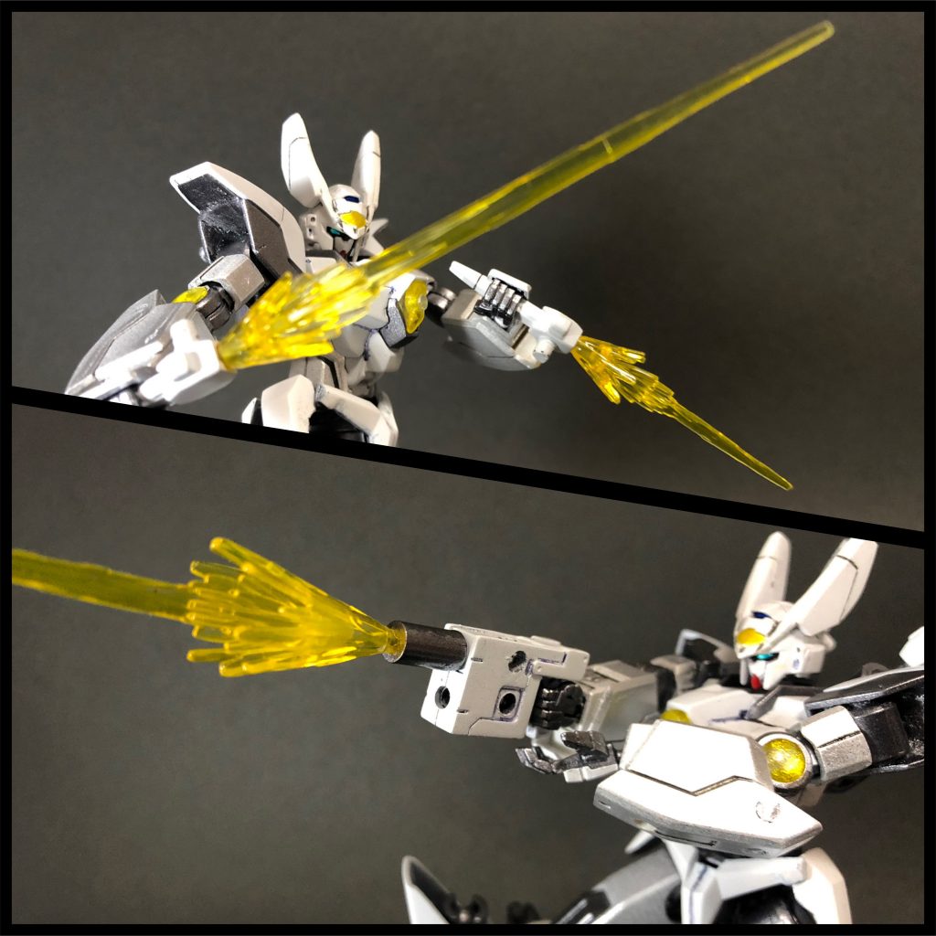 武装・高出力ビームサーベル×2背中のジェネレータに2本装備されている、高出力のビームサーベル。パイロットの好みで、通常の長さより短く調整されている。・マルチビームガン一般的なビームライフルと同威力を保ちつつ、高速機動時でも取り回しがしやすいよう小型化されたビームガン。他の装備と組み合せられるように設計されており、合体時の中心部となる。