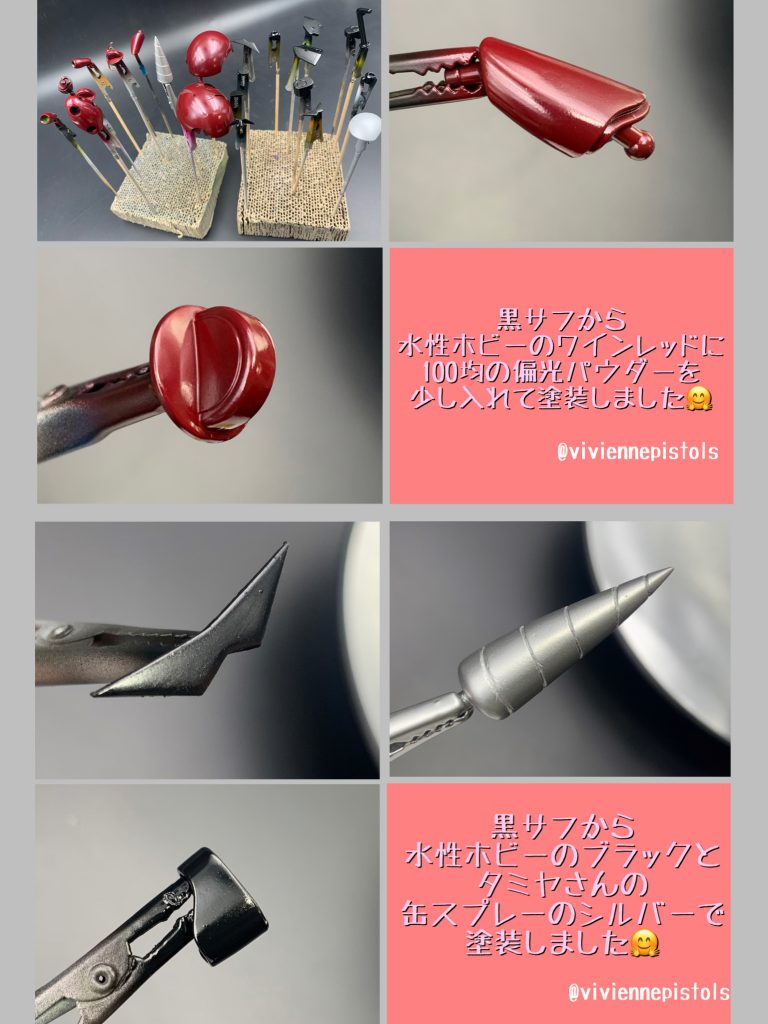 トップコートには、ワインレッドとゴールド、シルバーには光沢を使い、ブラックにはつや消しを使いました😊