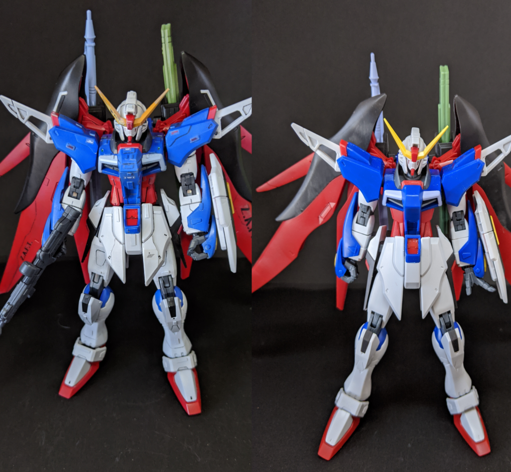 素組みとの比較
元もなかなかいい出来ですよね。エフェクトパーツも充実していて遊べるキットです。オススメ!
テトロンシールがうまく貼れないのが悩みですね…
あと頭を塗料が入った塗料カップに落として角や一部塗装剥げて…33−4です…なんてチッピングでごまかし。