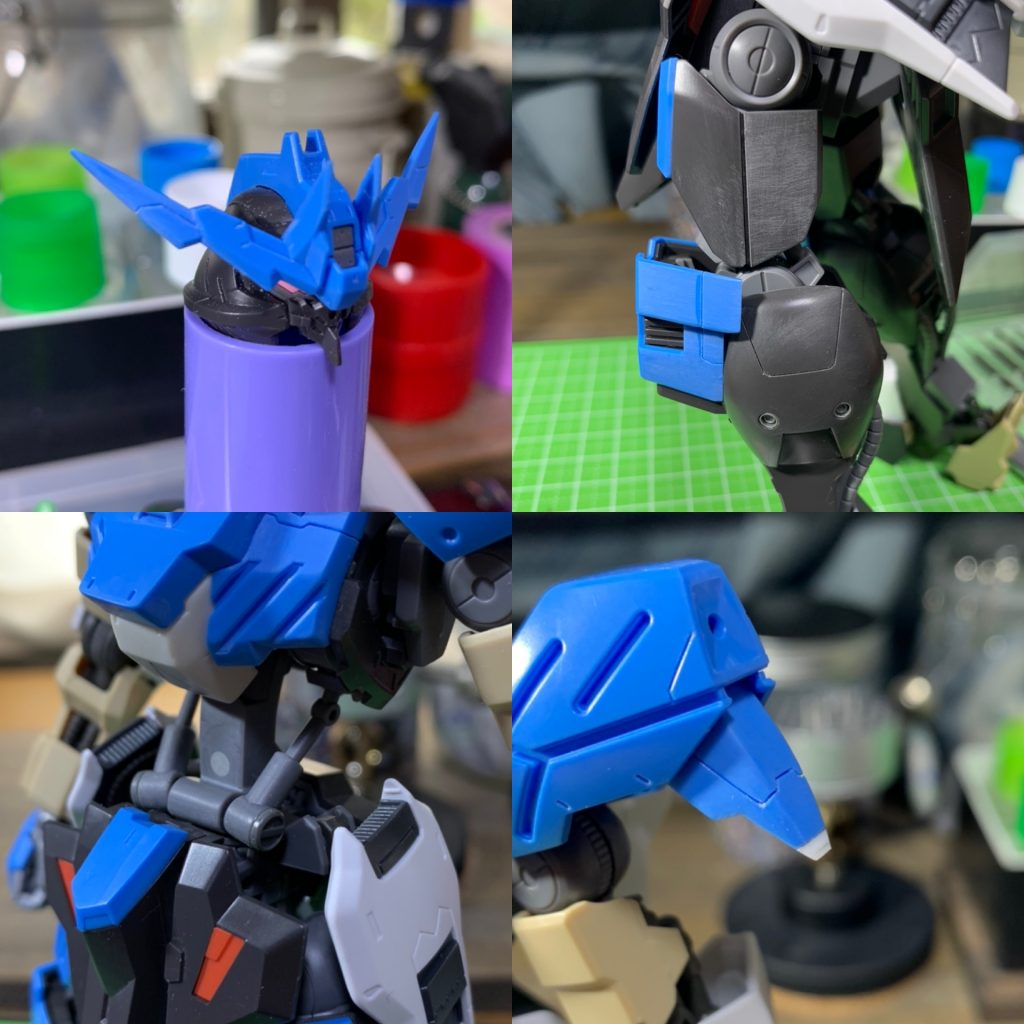 主な工作です！
頭部
アンテナのシャープ化
脚部
腿の外装を段落ちモールドに、ふくらはぎの丸モールドは掘り直しパーツを埋め込み、塗装後メタルパーツを追加しています。
腰
5mm延長、それに合わせてシリンダーの位置を下げシリンダーも延長して調整しています。
肩
プラ板で2mm延長して先端をシャープにしています。
画像ではやっていませんが、穴をパーツで埋めてディテールアップも行っています。