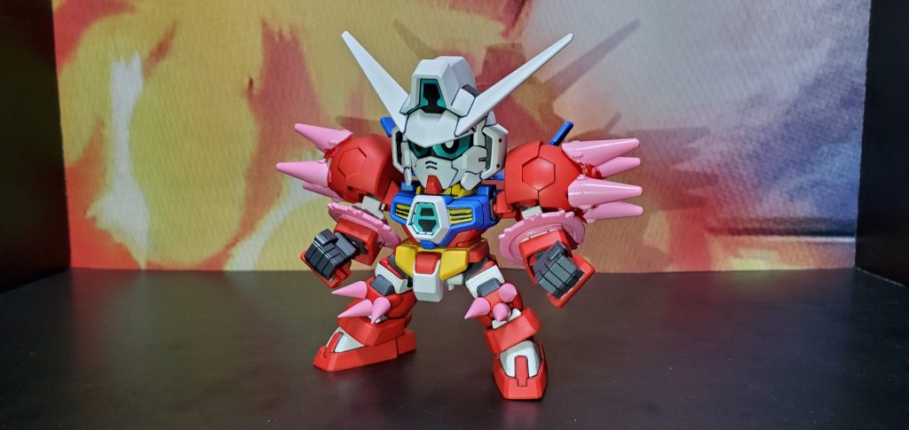 ガンダムAGE-1タイタス
ビームショルダータックル及びビームラリアットのクリアパーツをピンクに塗り直してビーム表現として分かりやすくしました。(クリアパーツは一個ずつしか付属しないため2キット使用)ビームニーキックはニードルパーツを使って製作しました。
ニーキックを作ったためリミッター解除ができます。