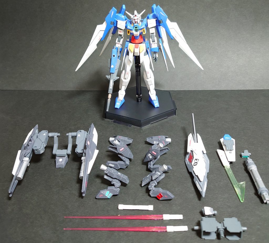 *・装備品一覧*
ガンダムＡＧＥ－２ノーマルを素体にFASTパックを外付けする形で構成されています。
本体には新たな武装としてダークハウンドから輸入した連結状態のビームサーベルを追加しています。

前回のアクティブアデルの時に少し名前を出した、スーパークランシェから連想して、その前型ということでＡＧＥ－２準拠で製作してみました。
