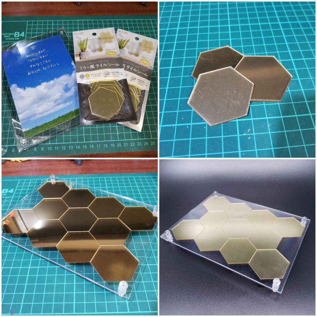 今回使用している台座はセリアで見つけたミラー風タイルシールとアクリルフォトスタンドで簡易的に作りました。アクリルフォトスタンドを綴じるパーツが短いの2本と長いの2本だったのてま長い方を短い方に合わせてカットして台座にしました。

ミラー風タイルシールはディスプレイしたい作品に合わせてクリアカラーで塗装することも出来そうなのでまた使いたいなと思います。