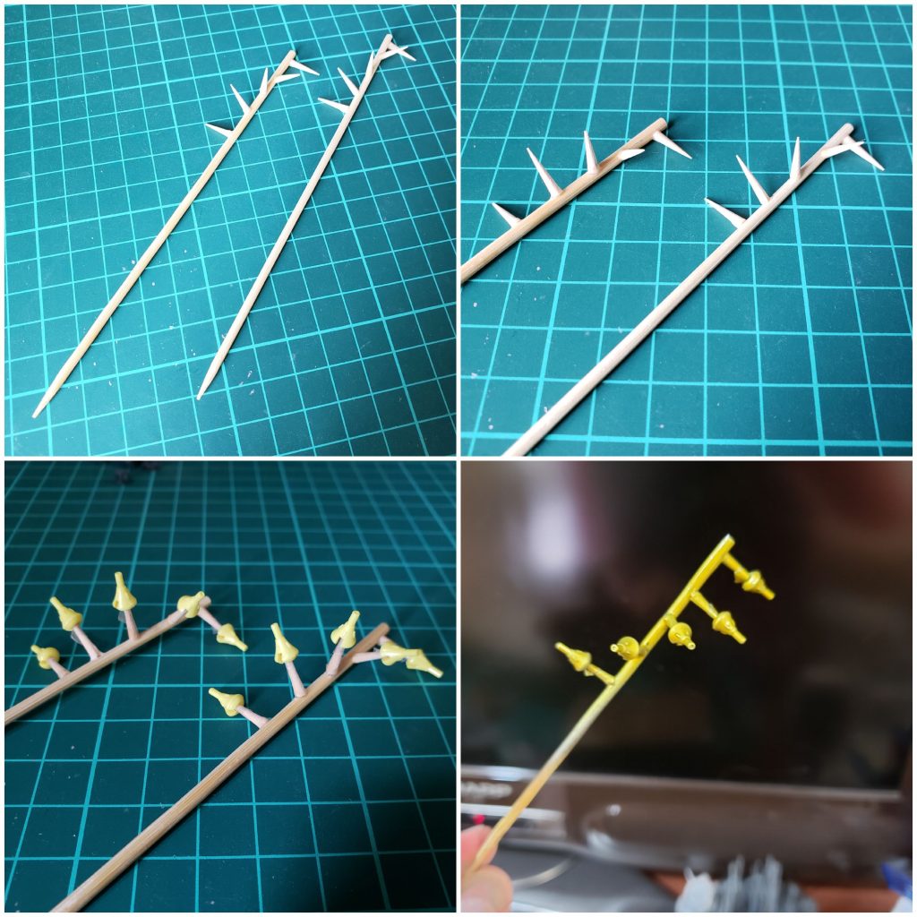 ファンネルも缶スプレーで塗装しましたので一つずつだとめんどくさいので竹串と爪楊枝で螺旋式の治具を作りました。横一列にしようかと思いましたが螺旋にすることでどのファンネルも満遍なく吹き付けることが出来ました。