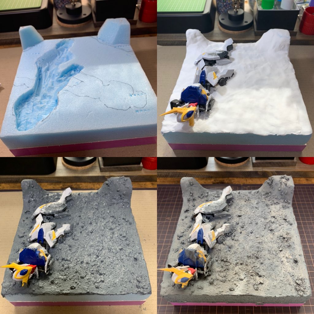 台座はスタイロフォームをくり抜き紙粘土で下地を作り、テクスチャーに小石や砂を混ぜて塗り、ウェザリングをして仕上げました。
