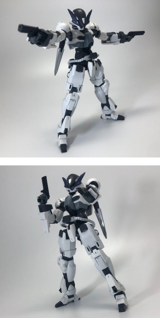 【ハンドガン】
二丁拳銃で二方向に射撃するシーンは様々な作品で見るシーンですが、やはりカッコイイです。
2枚目の煽りショットは、ヒーローアクションと言いつつ悪役みが滲み出てきています笑