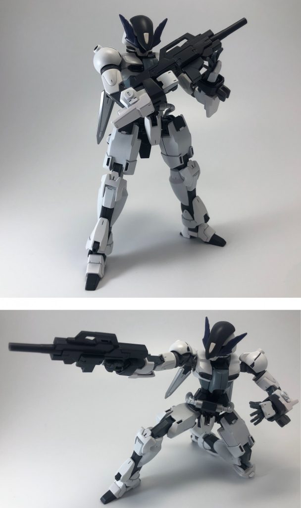 【サブマシンガン】
ハンドガンよりも迫力のある重火器も欲しい!と思い用意しました。
ケルディムサーガのサブマシンガンをベースにディティールアップパーツをミキシングしています。
本体可動域のおかげで膝立ち射撃ポーズもできました。
