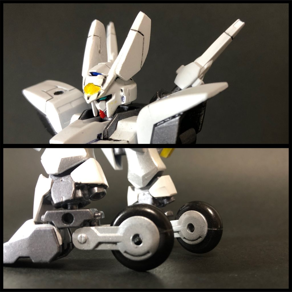 装備・頭部大型アンテナ:ラビットイヤー(通称ウサ耳)ウサギの耳のような形の大型アンテナ。戦闘用に改修する際、索敵機能や各種センサーを強化する目的で取り付けられた。・脚部ダッシュホイール脚部に1基ずつ装備された動力付きの車輪。地上での高速機動を円滑にし、ジャンプから着地する際の衝撃を吸収•緩和する。強化装備として左右もう一基ずつホイールが存在し、合計4基で加速した際のスピードは計り知れない。