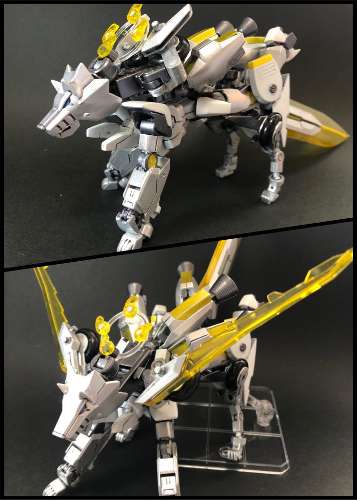 ・大狼型MB『銀狼』ラビットとウルフが合体した、大型の狼型MB。ブースターがほぼ全て後方に向いており、最大速度は音速を超える。その凄まじいスピードで戦場を駆け回るだけで、敵戦力に被害が及ぶ。超音速によって発生する衝撃波と、尻尾(クサナギ)や肩の刃(ツムガリ)による斬撃で攻撃する。…本当に音速の壁を超えてしまうという。