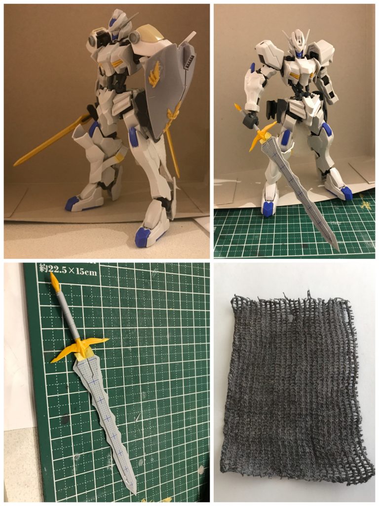 最後は製作途中です。
機体本体はバエルな印象をはずしすぎないよう、バエルになりすぎないよう工夫してみました。
ハンドパーツはビルドナックルを使用していますが、剣がメインになるため、手首を加工して角度付き持ち手を用意しています。
聖剣はまだまだ作りが荒いですがプラ板からスクラッチしてみました😌
腰の鎖帷子は蒸し料理用の網を塗装しています。