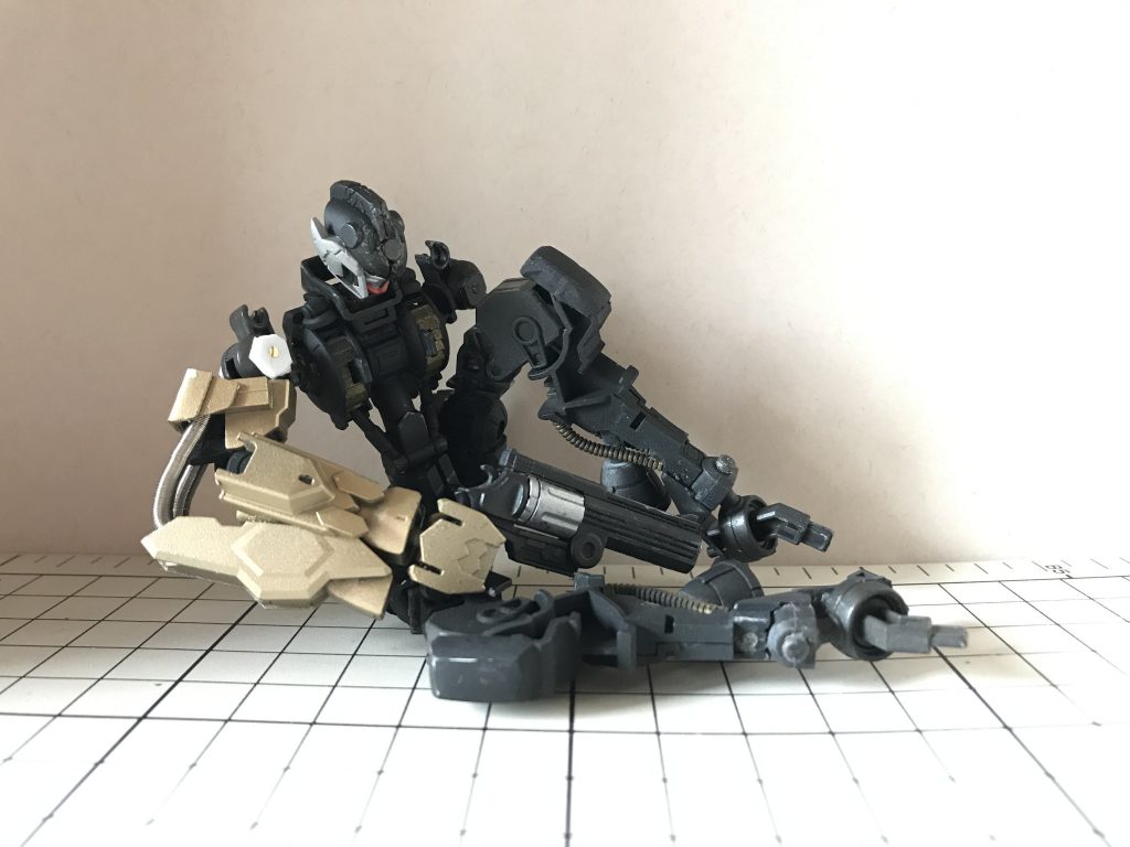 発見時のレライエ
装甲のほぼ全てとフレームに損傷が見られるもの、黄金の右腕と握られたリボルバー型の銃のみ完全な状態を保っていた。