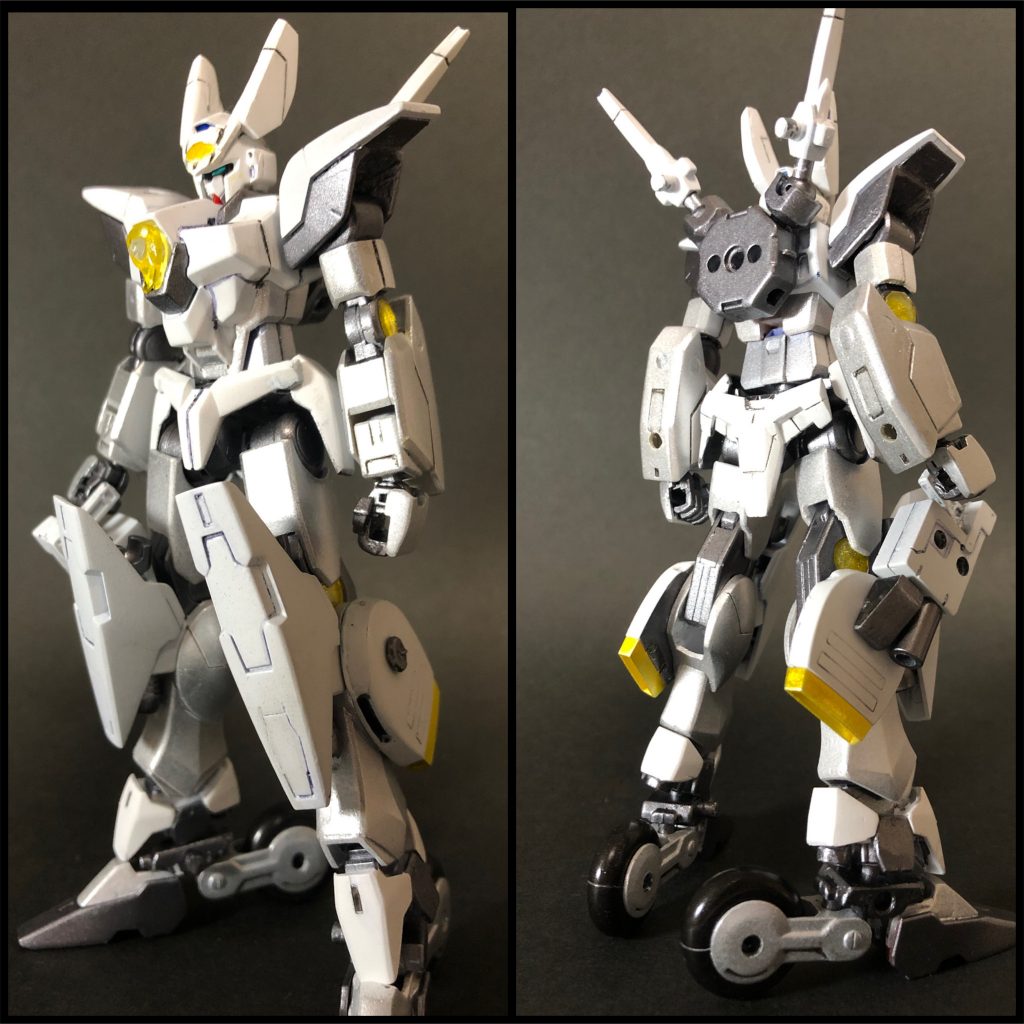 ガンダムライジングラビット・元はフォース『四神』の研究機関「ゲンブ開発局」所属の実験機。主に高速での機動及び戦闘実験、新武器・新装備のテスト等で運用されていた。戦闘用のシステムや狼型の支援機を追加し、実験機から戦闘用へと仕様が変更された。脚部に集中したブースターを駆使してウサギのように縦横無尽に飛び跳ね、そのスピードを活かした戦闘を得意とする。…という脳内設定となっております。