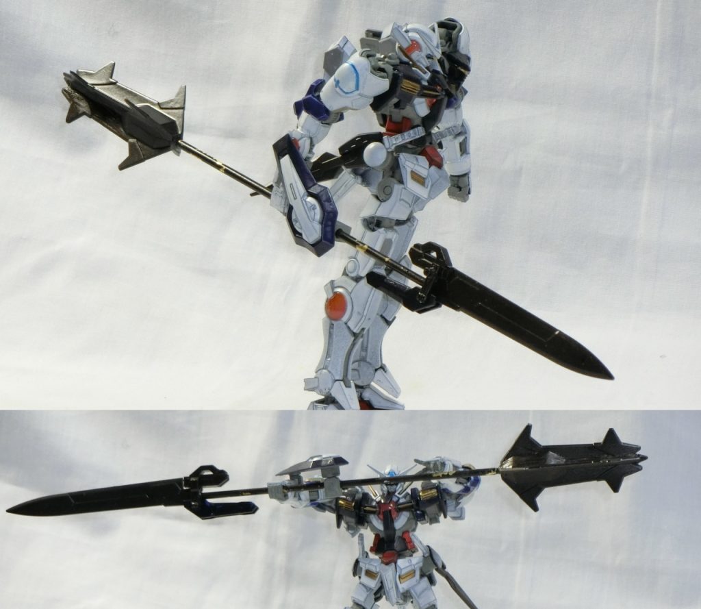 メイン武器のGNメイソード。ジョイントを回転させることで左右どちらの腕でも2WAY使用が可能。
 シャフトは真鍮パイプなので塗装がどんどん剥げる……