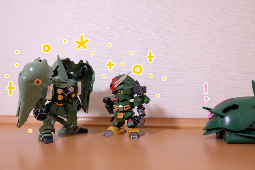 コマンド：この高貴なる色は神すらひれ伏すんだな！  *緑色のモビルアーマー*の言う通りだ！
クシャ：なるほど……前々からそうじゃないかと思っていたんだ。この*緑色のモビルアーマー*が言うように

あの子：あら、わたし、名乗るのを忘れていたのね。わたしは……