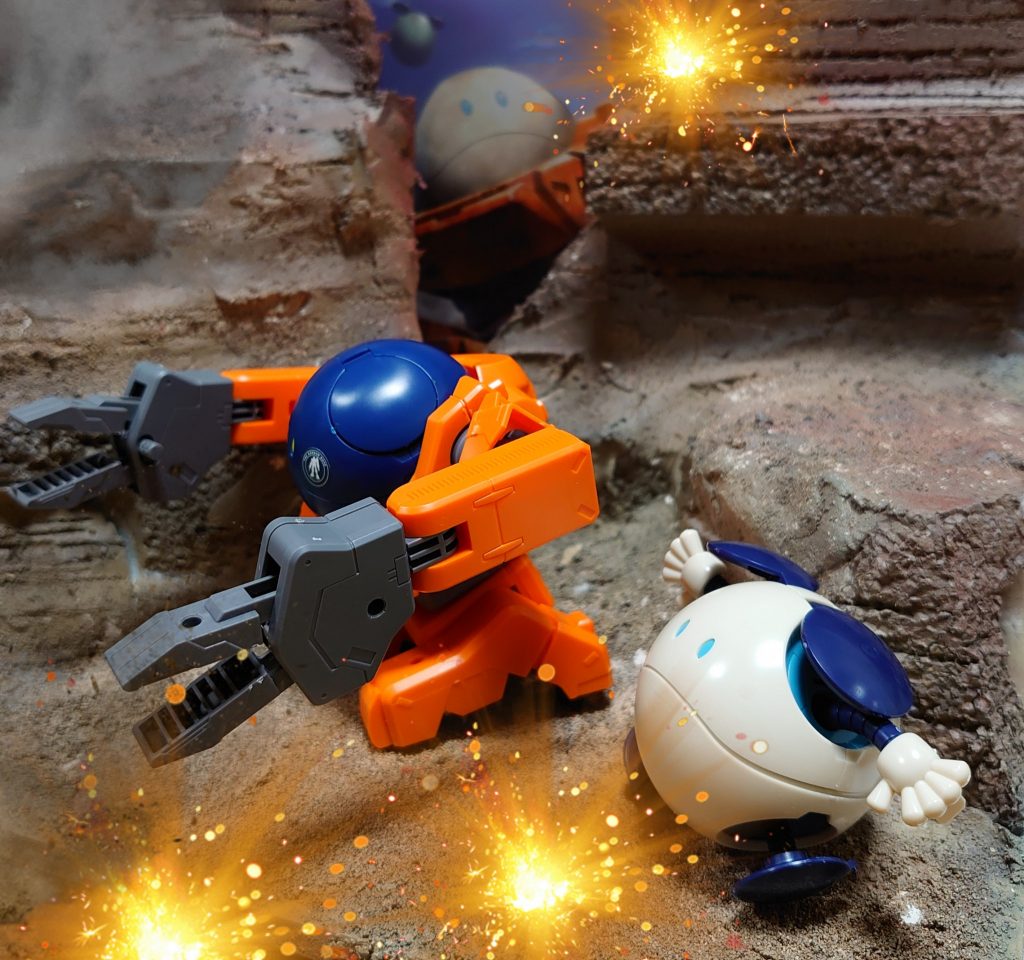 戦闘中。背景には巨大ハロローダーが…………。