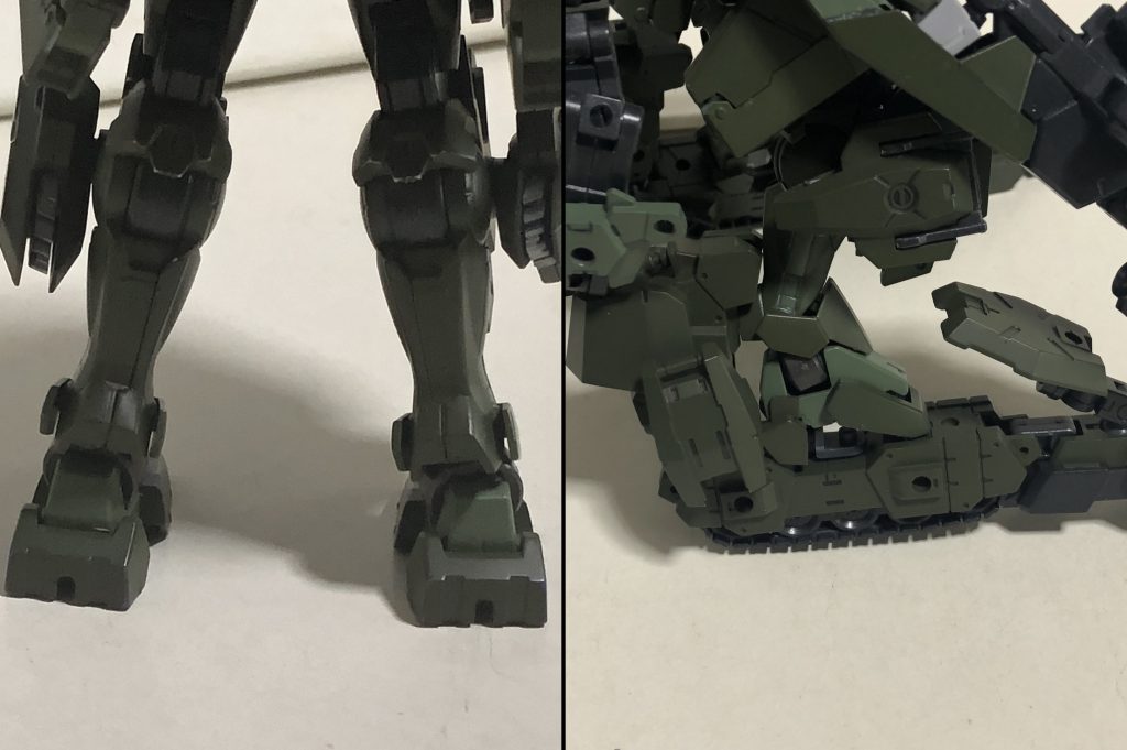 踵に溝を掘って、肉抜き穴と併用して3mmピンが刺さるように改造。クローラーへの接続はこの部分のみだったり。
接続にはMSGのエクスアーマーA・Bに付属しているジョイントを使用してるが、代用できそうなものは探せばいくらかありそう。