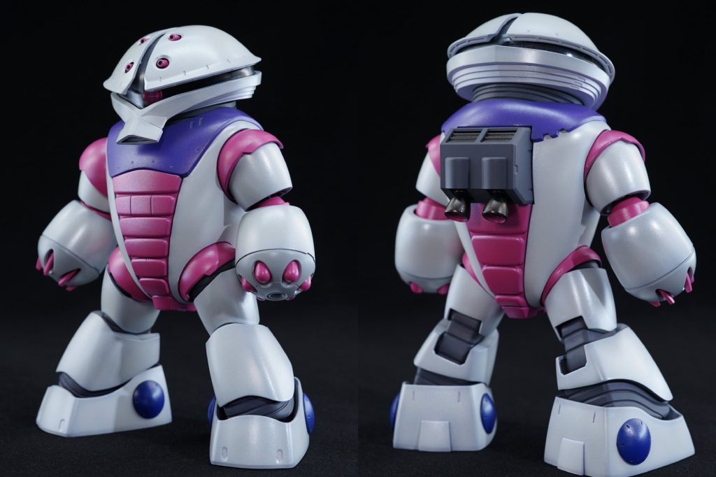 ## 前後から
機動戦士ガンダムZZの40話『タイガーバウムの夢』でハマーン様が搭乗していたので、キュベレイをイメージした配色にしてみました!
こう…せっかくなので母艦に持ち帰ってみたら存外気に入っちゃってパーソナルカラーに塗り分けちゃった的なイメージで。
もしくは投棄されたアッガイをスタンパが回収し、新たな展示の柱としてリペイントしましたよ的な?
ともあれifもif、おふざけの塊なので深く突っ込まないでください♪
あくまでABS接着と塗装、パールコートの実験機ですので。