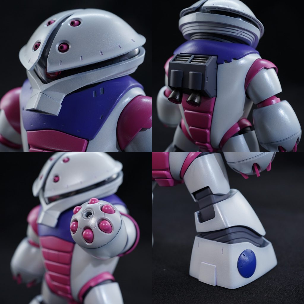 ## 各部のアップ
と言ってもほぼキットのままな上、8年以上前の工作スキルで処理してるので寄って撮ると恥ずかしいですね><。
一応接写ならパール塗装の感じは撮影できてますね。
現物はもう少しパールっぽい質感です。
各部の窪み等には『フィルタ・リキッド バイオレット』を流し込んで色味の変化を付けています。
これ面白いですね!白系の機体の表情付けにいいかも。他の色も試してみようかと思います♪