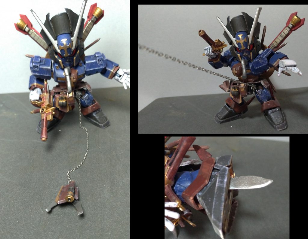 ●シザーアンカー
フロントスカートが射出され装甲裏からアンカーが飛び出す。
機体を固定したり、目標を捉えたりと多用される。

こちらはフロントスカートを切り離し、可動式にした恩恵で再現できるようになったものです。チェーンとクローは差し替え式でネックレスか何か。

　
●ヒートダガー
差し替え式で原型機にもあるダガーを再現したのですが、
足を大きく上げるようなポージングはSDであまりうまく表現できなかったのでオマケです。