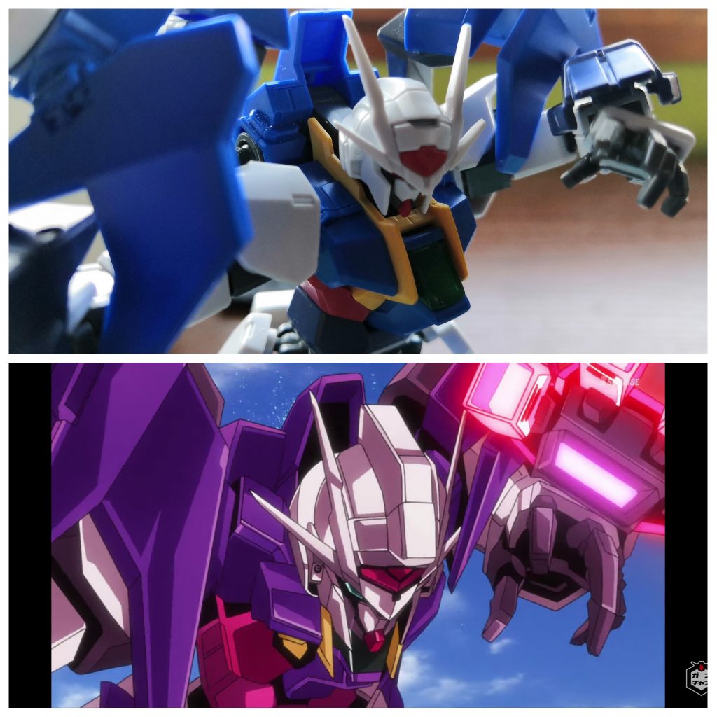 ついでに。
オーガのガンダムGP羅刹との戦闘中のワンシーンにあった左手を再現してみました。左手は次元ビルドナックルズの開き手の指を関節ごとに切断し角度を変え、再度接着して製作しました。スカイブレイサーは流石に可動させることはできませんでしたが、そのうちチャレンジしてみたいですね。
ここガンスタには、ボールデンアームアームズ(小)を使って可動できるようスカイブレイサーを改造している猛者がいましたので、そちらも見てみてください。