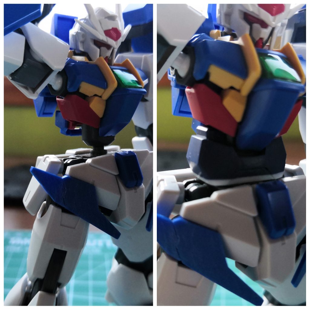 頭部は、アンテナと頬をシャープ化。

胸部はダクト部分(シールで補う黒い部分)を開口しました。

腹部は、内部にボールデンアームアームズのボールジョイント(大)を内蔵し、前後だけでなく左右にも動かせるようにしました。加えて下腹部(藍色の部分)を一ミリ程延長しました。(↑写真:左が内部構造。右が下腹部アリ。)

腰部はビームサーベルのハンドガードとなる青いパーツの線をスジボリしました。

脚部は靴部分をエイジⅡノーマルのものに交換。かかと部分に上からダブルオースカイのかかとを被せ、真鍮線で固定しラッシュポジションへの変形を可能にしました。

バスターソードは安全ピンみたいなのをカットしました。