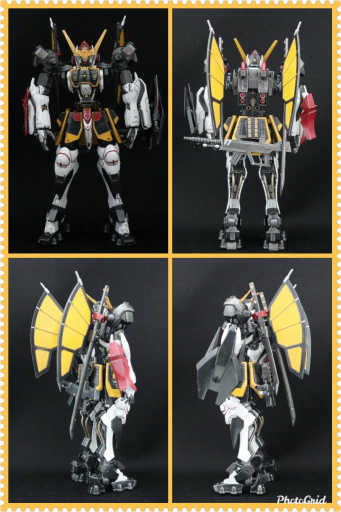 フル武装素立を各アングルから。背面にはリアクター直結の大型バックパックを装備しており阿頼耶識に対応する高い機動力を誇る。110mmライフルは腰部に懸架可能。サムライソードはスタビライザーサイドに懸架します。下のフレーム画像でご覧いただけますが、胴体肩接続部、胴体中間部、足首関節部に追加パーツで各部延長しスタイリッシュにしてます。
Ahab Wave Accelerator (エイハブ ウエーブ アクセレーター)
背中にある特徴的な2枚のスタビライザーには、エイハブウエーブを共振増強させて指向性も持たせて照射させる試験的な機構「AWA」が組み込まれている。通常状態であっても電子機器に大きな影響を与えるエイハブウエーブを増強する事によりレアメタルで保護されたMAやMSにも影響を与える事が可能な電子武装装備であったが1回の稼働は短時間となり、有効距離も500m程度であった。しかしながら短時間でもMAとプルーマの交信妨害、駆動阻害等を引き起こす事が出来た為、AWA照射後にバスターアックスやダインスレイブでMAに大きなダメージを与える事が出来た。残念ながら厄祭戦中にAWAを開発研究していた研究所がMAに破壊されたためガンダムカイムに試験装備された物が唯一現存している。