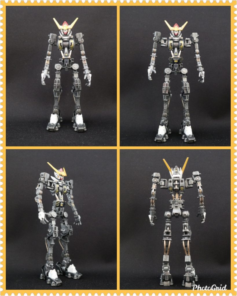 フレーム画像を各アングルから。左上が延長なしフレーム。
右上と下段は3カ所(胴体と肩の間、胴体中間、足首関節)にて延長パーツを仕込んでスタイルを変更してます。