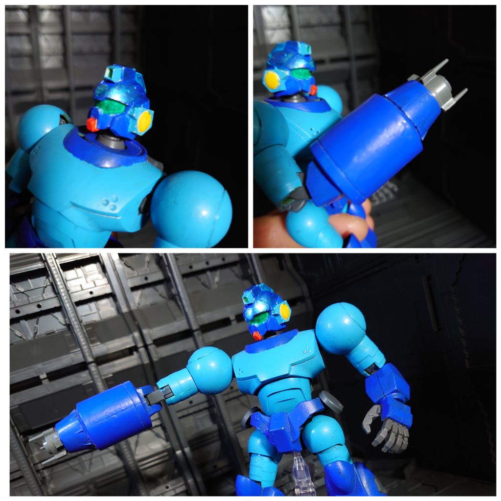 頭はBｰCLUBのMG陸ガン改造用ブルーディスティニーから流用、ロックバスターはウェーブのタンクから作りました。それ以外はキットのままです