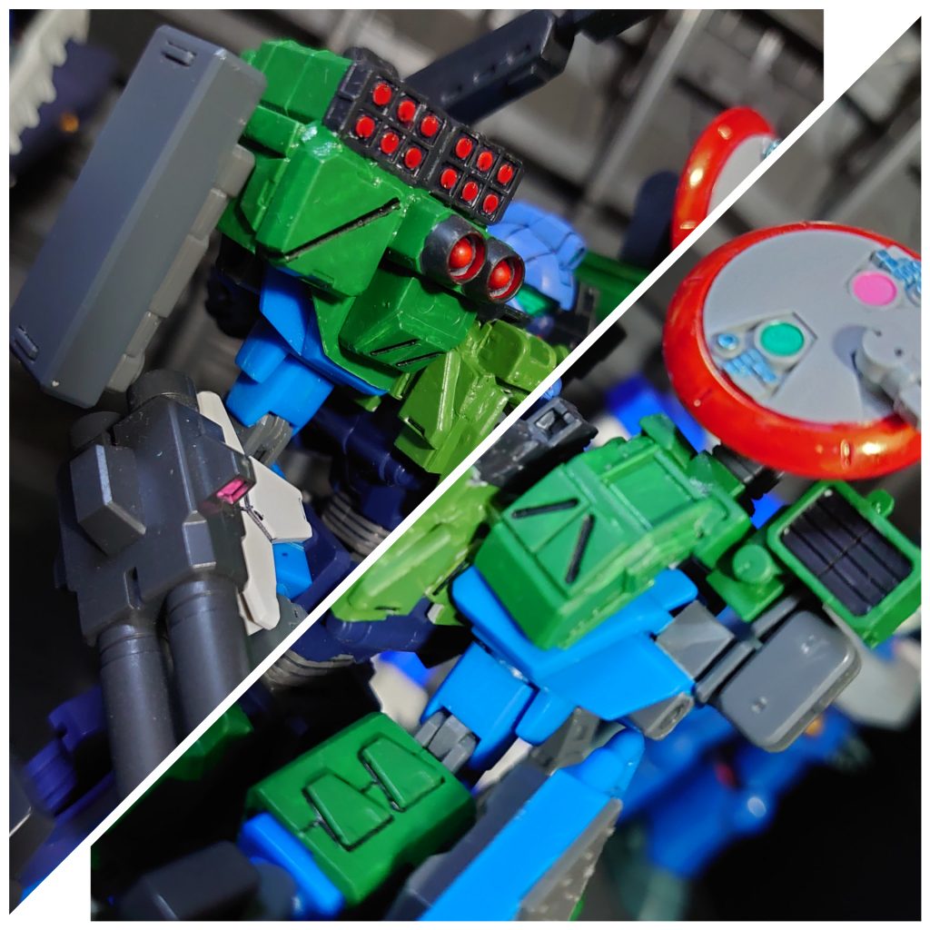 右肩 マイクロミサイル&グレネードランチャー
左肩 各種センサー類
バックパック ビームキャノン
右腕 2連装ビームガン
左腕 アームガトリング砲