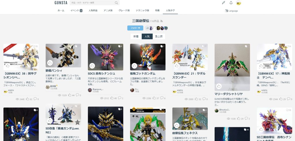ロ「筆者の手前味噌だが*「三国創傑伝」*にしておいた。タグフィードはタグのすぐ下にある(今は「フォロー中」になっている)。ココをクリックすればタグフォローは完了だ。解除するときは「フォロー中」をクリック・タップすれば良い。タグの絡む作品ページの初期カーソルは*「新着順」*。解りやすいな。*「人気」*は「いいね」の順にソート。*「急上昇」*は、最近多くの「いいね」がついた順にソートされる。なお、現在開催中のコンテストタグ(2020.4現在は「鉄血コン」)については、人気作品の上位独占を防ぐため結果発表まではランダム表示となっている。タグをフィードすることで新着順で見られるぞ。なお、機体(ガンプラ)を検索したい場合は「ガンダム○○」などだと公式タグにならない事が多く・・・それこそ*「アニメ別」などから見た方が早い*という事も記しておこう。例として、「ガンダムバルバトス」でタグ検索しても「ガンダムバルバ*ド*ス」という表記揺れタグしか出なかったりもするもの(公式タグは*「バルバトス」*のみ)・・・また、「筆塗り」などの「テクニック別」タグは、無論のことだがモデラー自身がタグつけしない限り出ない。そこは注意だ」