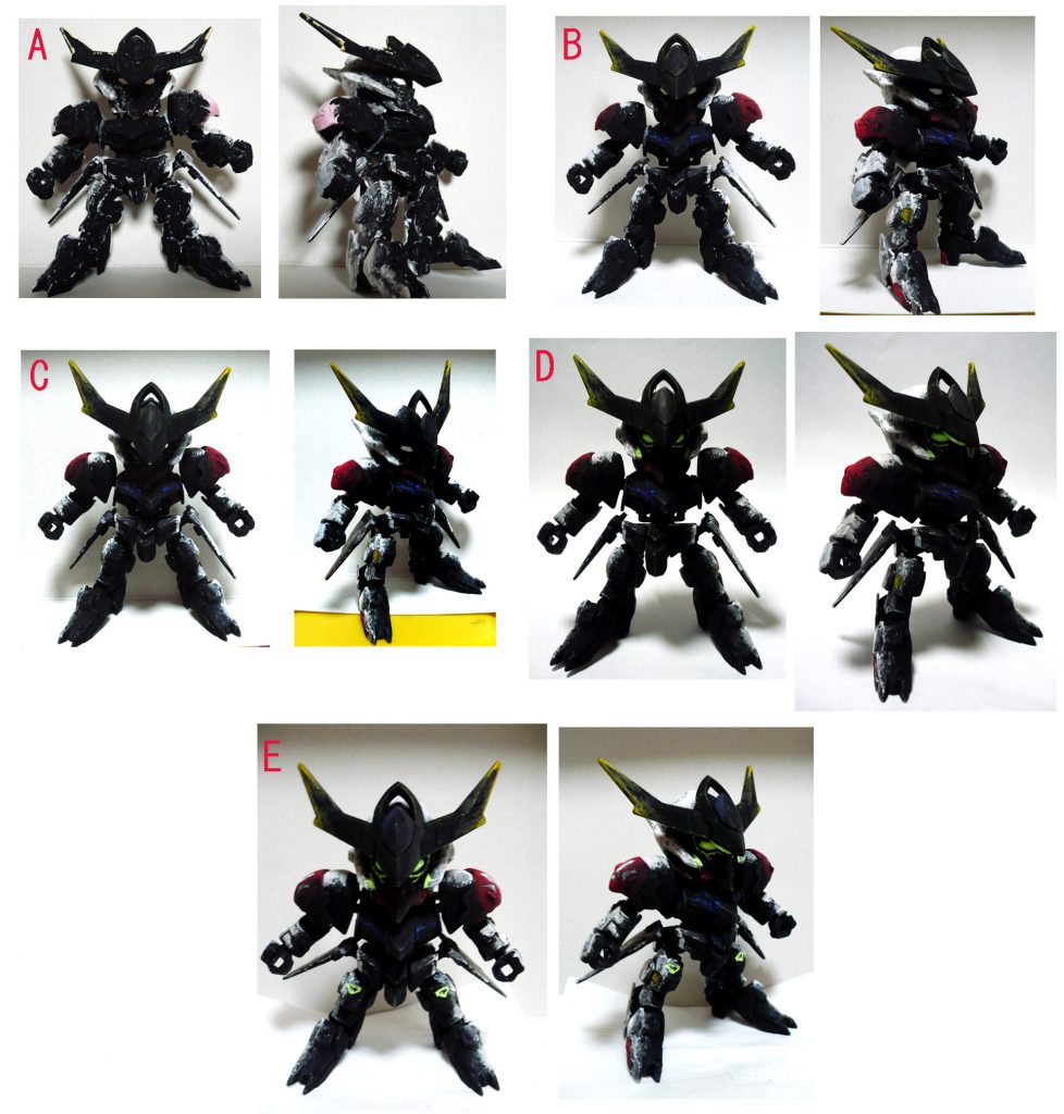 塗装の様子です。素組み、サフ状態の画像はございません。

A・白サフを噴いた状態から様子見で正面に影色の黒を入れる。
B・赤、青、黄の色を入れてみる。黒部分も綺麗に塗りました。
C・前の進行具合の違いが判りませんが背面側も色を塗り加えています
D・モノアイに色を入れてます。
　今回は逆光表現なので普段より白を多めに使っています。
E・脚部にも発光表現を入れ、大量に残っていた塗り残しを修正
　スミ入れして完成です。

テスト・試作的な意味合いも込めて逆光塗装に挑戦しましたが
想像以上に良い出来栄えとなったので
今度は通常スケール（HG）のキットで試したみたいです。

最後までご覧いただきありがとうございました。