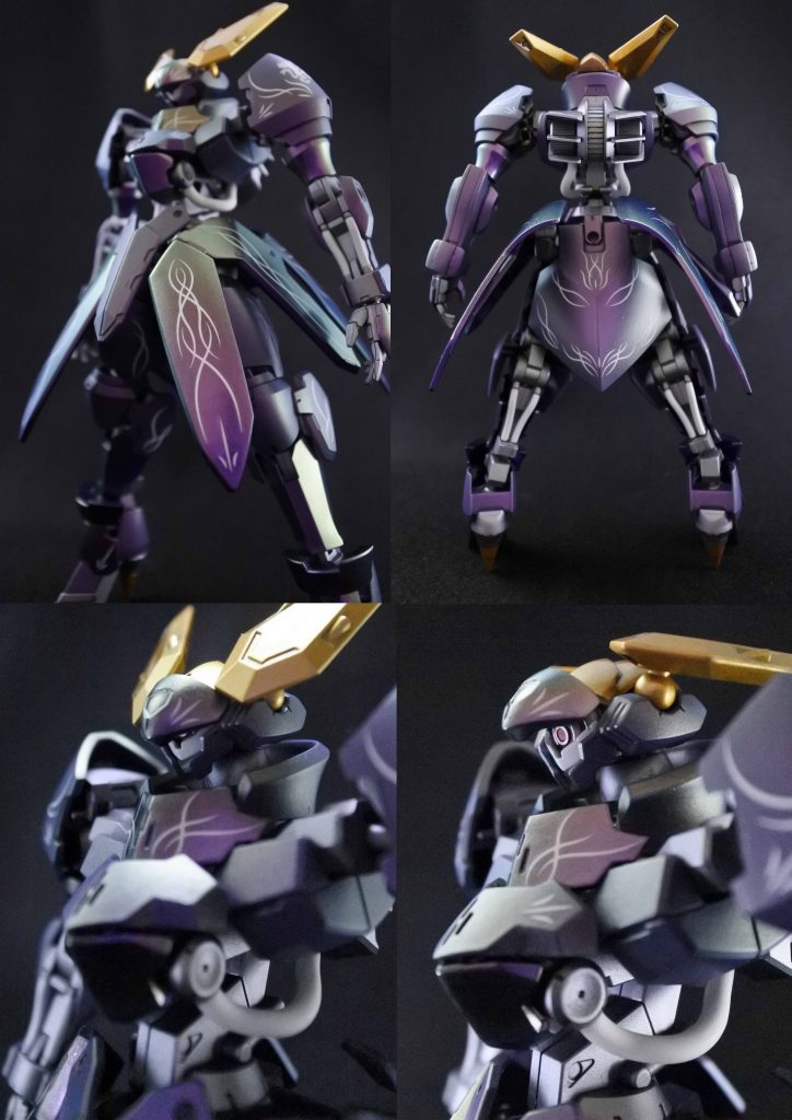 今回も全身にデカールで刺繍風の模様を入れ、メタリックパープルの上から偏光パールを塗っています。
写真だとわかりずらいですが光の加減で紫と緑に変わります。
光沢塗装の撮影って難しい…
頭部は稼働して、カメラアイを展開できます。