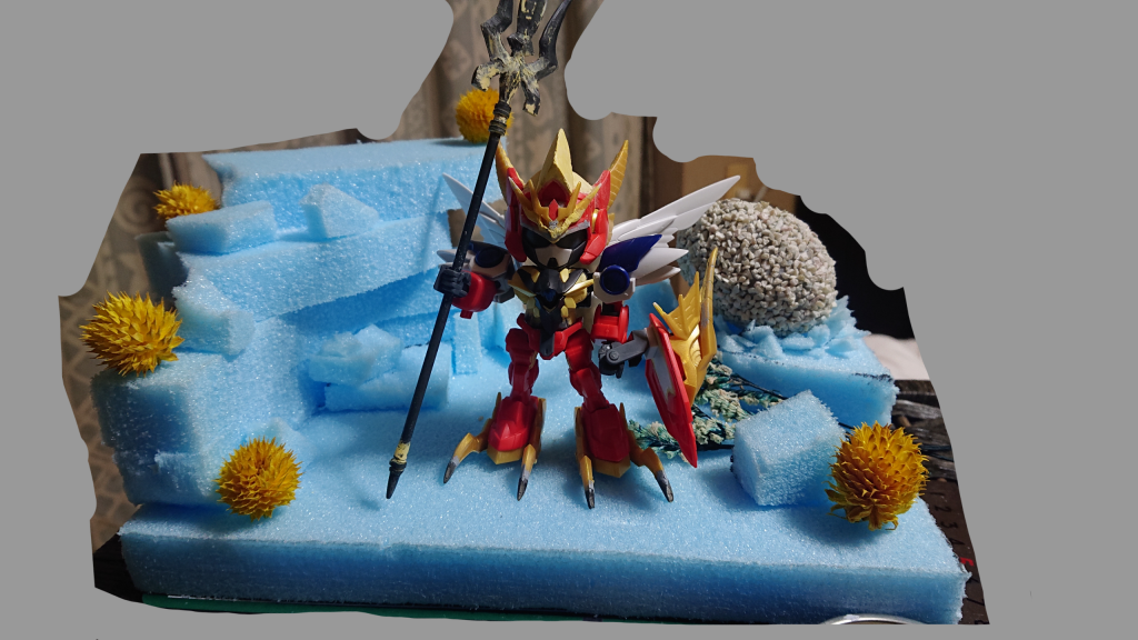 スタイロフォームを重ねてジオラマの雰囲気をイメージ
因みに持ってる槍は機体名をつけたあとに作製
ランナー、穴空きプラ棒で持ち手を作りプラ板を大まかに切り出したあとパテもりしました